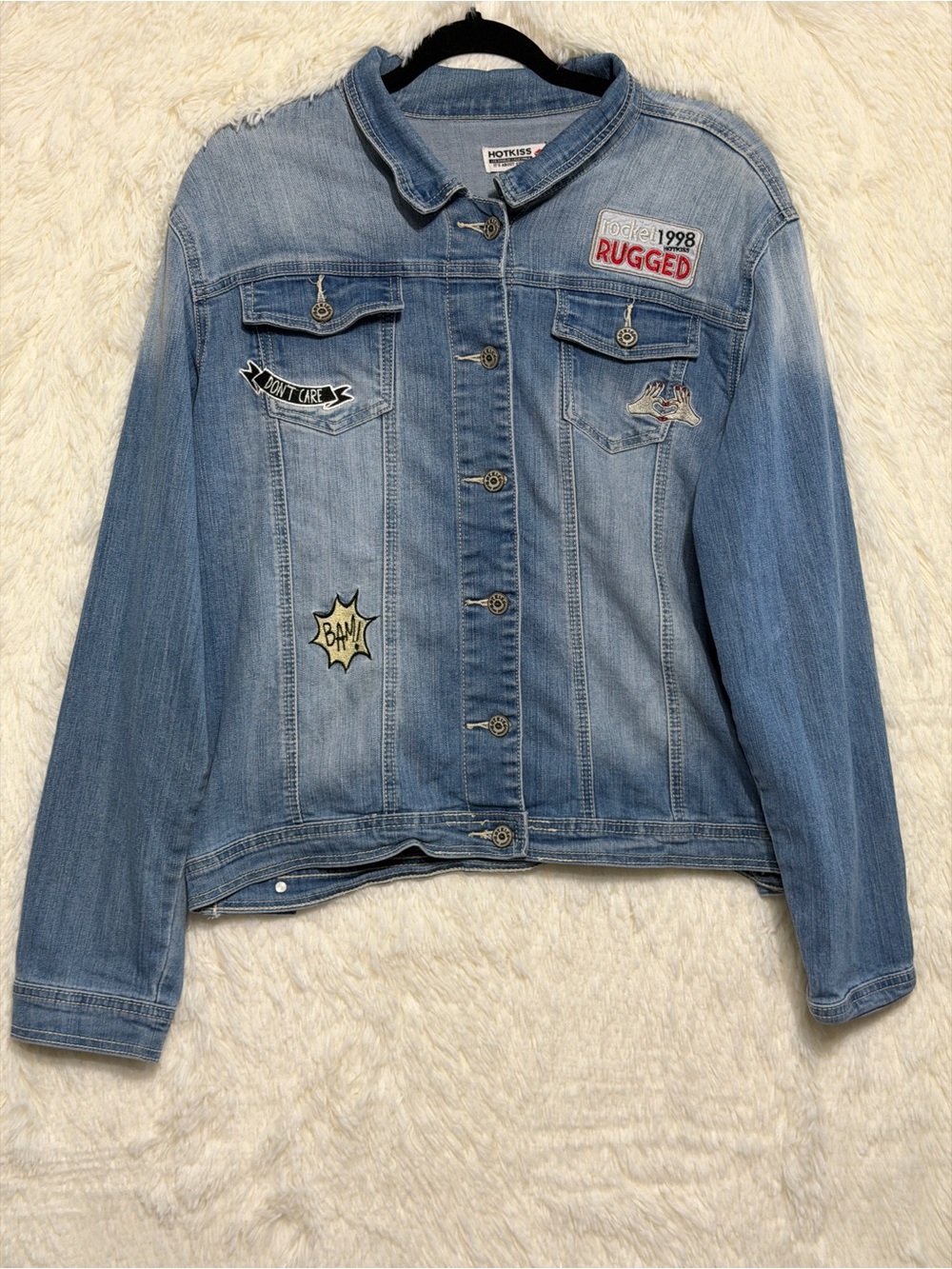 Hot Kiss Womens Indie Sleaze Jean Jacket XL Light Blue Y2K 90s Grunge Revival